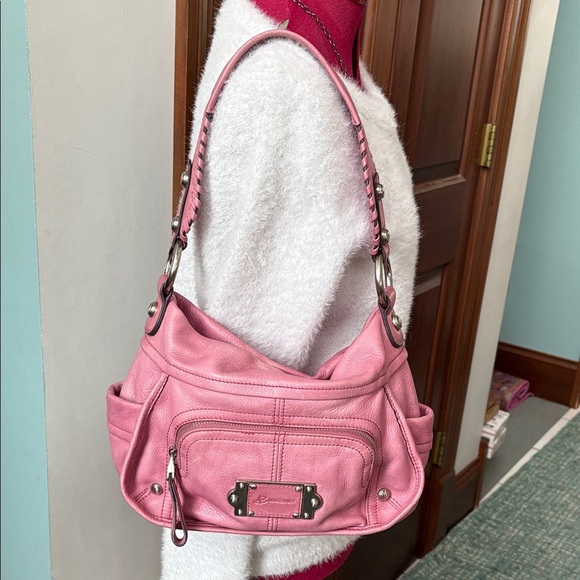 B Makowsky shoulder bag satchel smooth leather faded rose whip stitch strap - Picture 3 of 17